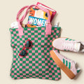 Pink and Green Checkered Tote Bag - Washable Cotton Knit with Key Ring by CASUPO