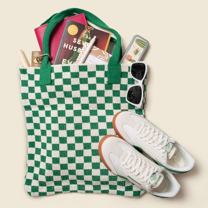 Green Checkered Tote Bag - Washable Cotton Knit with Key Ring by CASUPO