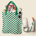 Green Checkered Tote Bag - Washable Cotton Knit with Key Ring by CASUPO