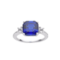 3.60 Ct Asscher Lab Created Blue Sapphire Prong Silver Three Stone Ring by Fine Color Jewels