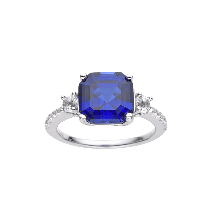 3.60 Ct Asscher Lab Created Blue Sapphire Prong Silver Three Stone Ring by Fine Color Jewels