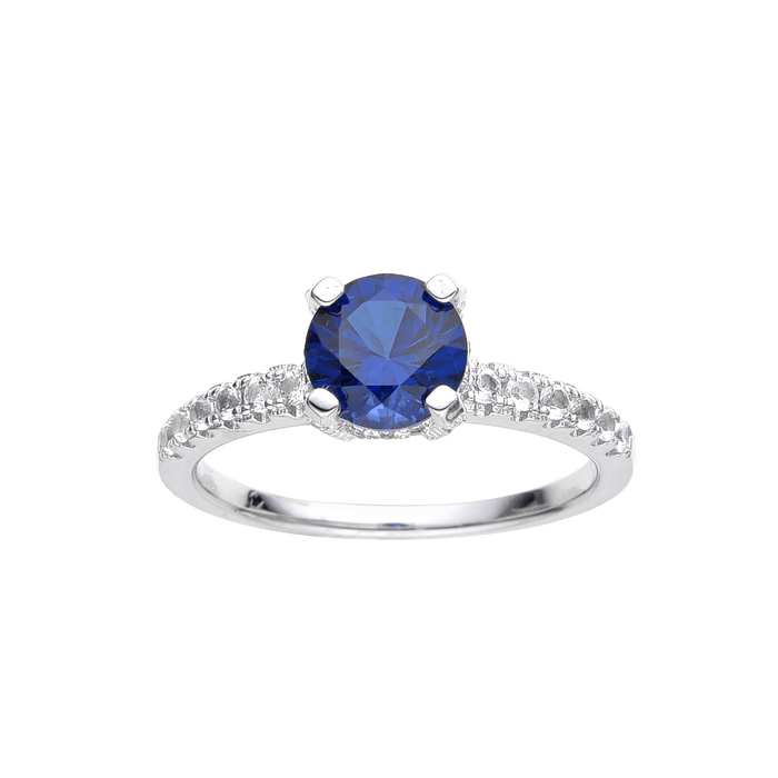 2.00 Ct Round Lab Created Blue Sapphire Prong Silver Pave-set Ring by Fine Color Jewels