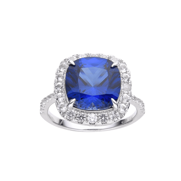 4.00 Ct Cushion Lab-Grown Ceylon Blue Sapphire Prong Silver Halo Statement Ring by Fine Color Jewels
