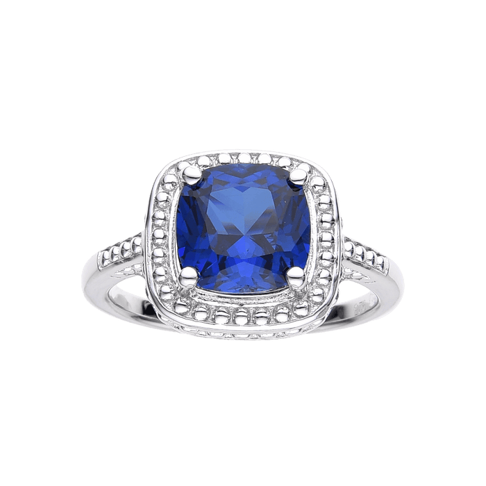 2.9 Ct Cushion Lab Created Blue Sapphire Prong Silver Halo Statement Ring by Fine Color Jewels