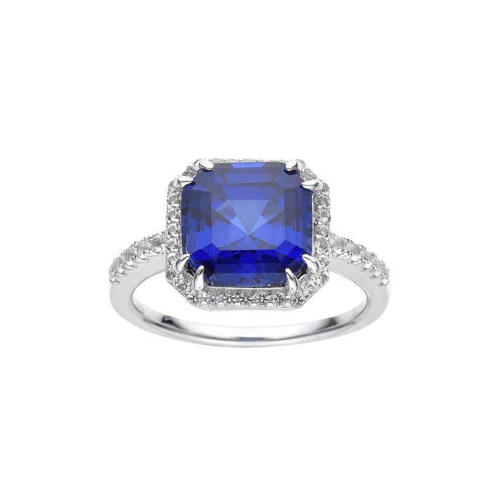 4.00 Ct Asscher Lab Created Blue Sapphire Prong Silver Halo Ring by Fine Color Jewels