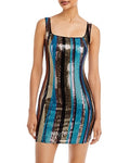 Aqua Sequined Stripe Bodycon Mini Dress, Size Large by Vanessa Jane