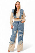 Denim Patchwork Hoodie & Wide-Leg Pant Set by The House of Stylez