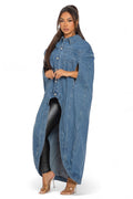Denim Hi Low Pancho Long Cape Jacket by The House of Stylez