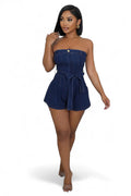 Dark Denim Strapless Romper with Belt by The House of Stylez