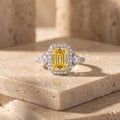 3Cttw Radiant Shaped Yellow Lab Grown Diamond (F/VS) Accented Three Stone Engagement Ring 14K Gold by Fine Color Jewels