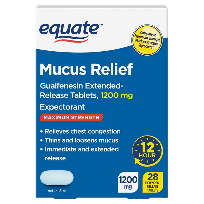 Equate Maximum Strength Mucus ER – 1200 mg Guaifenesin – 12-Hour Extended Release, 28 Tablets by Pasteur Pharmacy