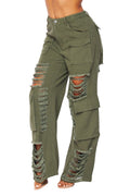 Distressed Wide Leg Cargo Pocket Pants by The House of Stylez