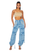 Denim Cargo with Rhinestone Joggers **NO STRETCH** by The House of Stylez
