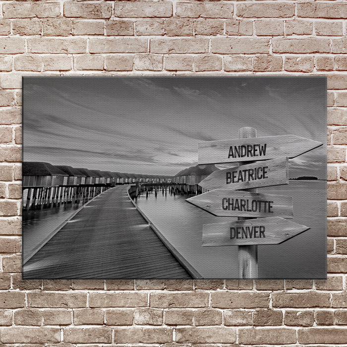 Family Names Monochrome Ocean Dock Sign by Tailored Canvases