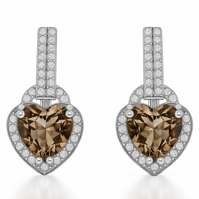 Natural Brown Quartz Heart Sterling Silver Earrings by Fine Color Jewels