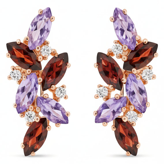 Natural Amethyst and Garnet Silver Cluster Earrings by Fine Color Jewels