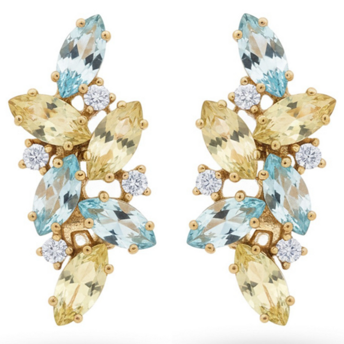 Natural Lemon Quartz and Sky Blue Topaz Silver Cluster Earrings by Fine Color Jewels