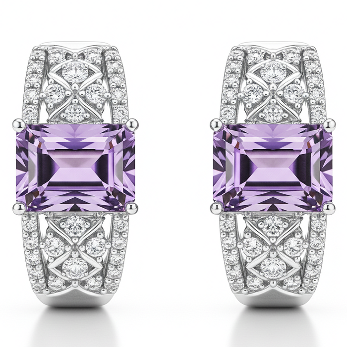 Natural Amethyst Sterling Silver Hoop Earrings by Fine Color Jewels