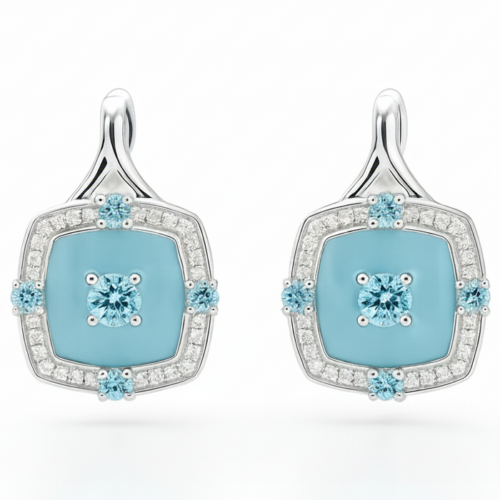 Natural Blue Topaz Sterling Silver Halo Earrings by Fine Color Jewels