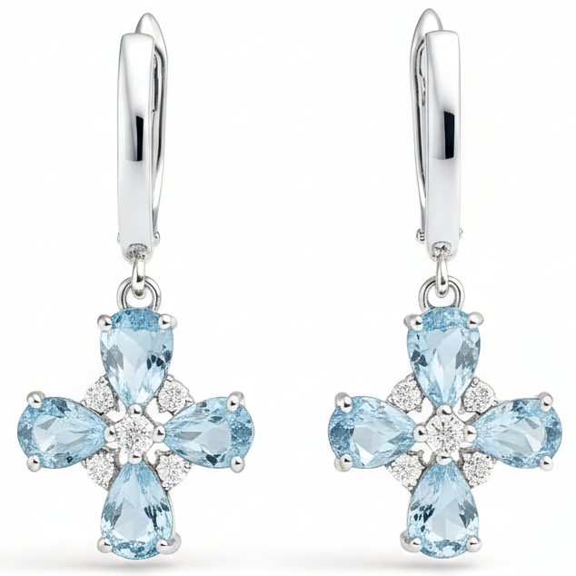 Natural Sky Blue Topaz Sterling Silver Floral Earrings by Fine Color Jewels