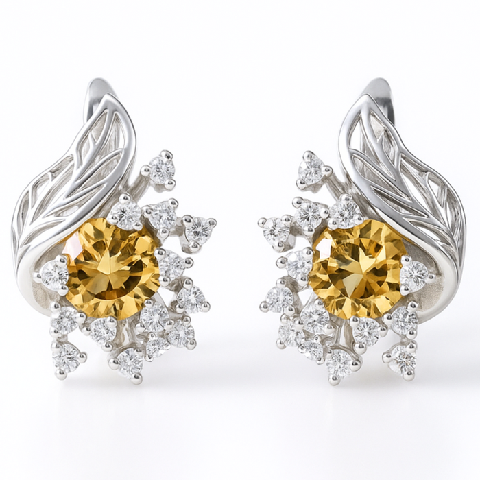 Yellow Natural Citrine Silver Floral Earrings by Fine Color Jewels