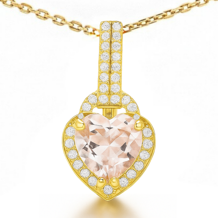 Natural Pink Rose Quartz Silver Halo Heart Necklace by Fine Color Jewels