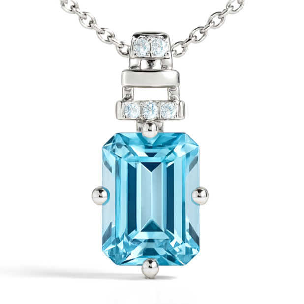 Natural Octagon Sky Blue Topaz Silver Necklace by Fine Color Jewels
