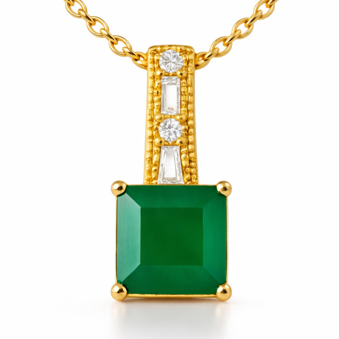 Natural Green Princess Cut Agate Silver Necklace by Fine Color Jewels