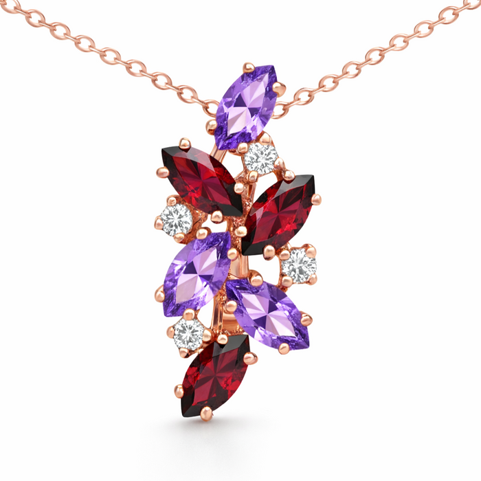 Natural Garnet & Amethyst Silver Cluster Pendant Necklace by Fine Color Jewels