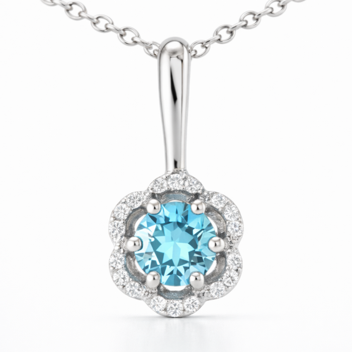 Natural Sky Blue Topaz Silver Floral Pave Necklace by Fine Color Jewels