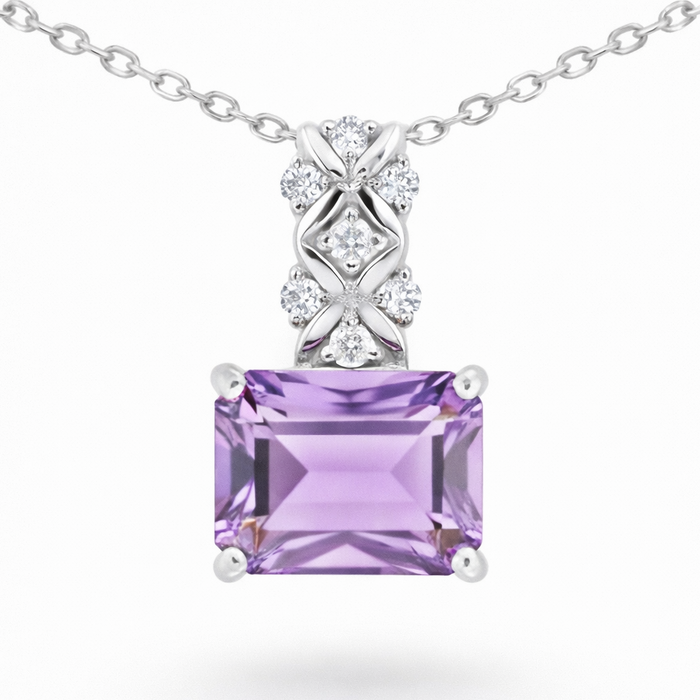 Natural Octagon Amethyst Silver Pendant Necklace by Fine Color Jewels