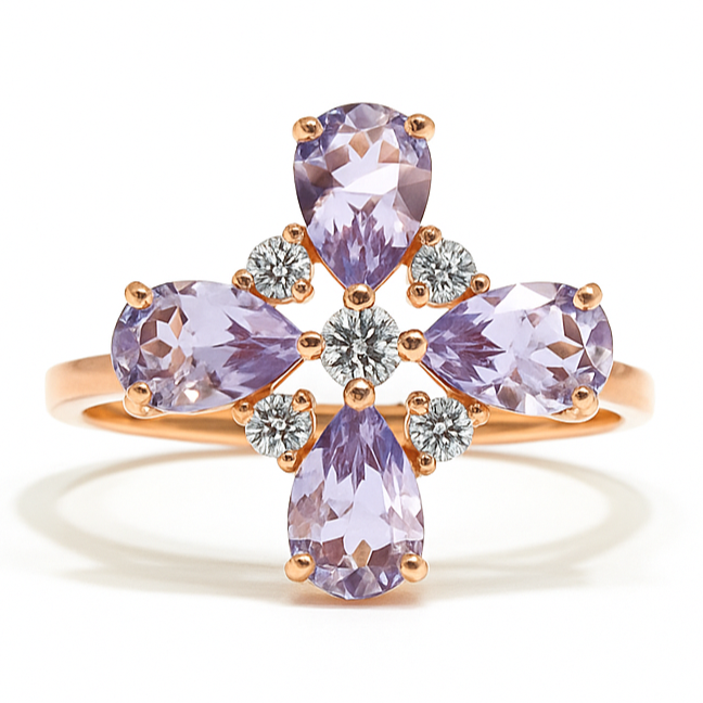 1.28 Ct Pear Purple Amethyst and White Topaz Prong Silver Four Leaf Clover Ring by Fine Color Jewels