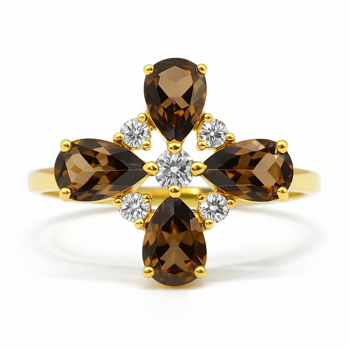 Natural Smoky Quartz Silver Leaf Clover Ring by Fine Color Jewels