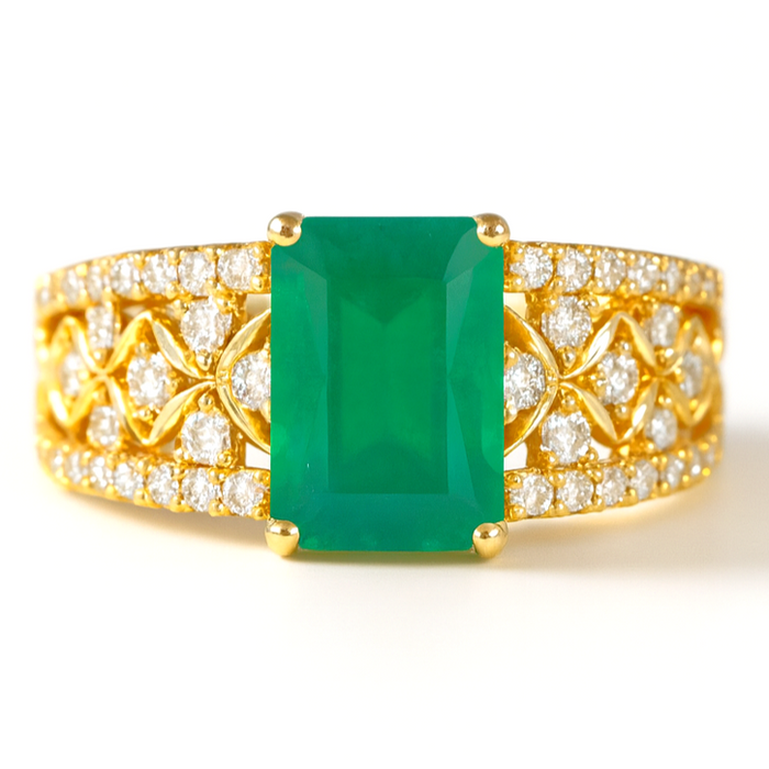 Emerald Cut Natural Green Agate Silver Statement Ring by Fine Color Jewels