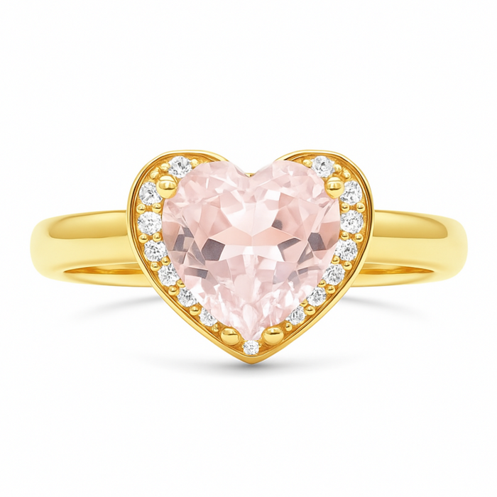 Natural Rose Quartz Gold Plated Silver Halo Heart Ring by Fine Color Jewels