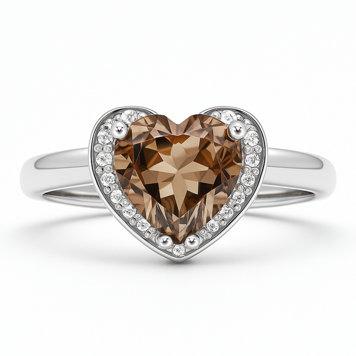 Natural Brown Quartz Sterling Silver Heart Halo Ring by Fine Color Jewels