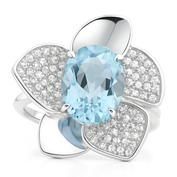 Natural Sky Blue Topaz Flower Ring Silver by Fine Color Jewels