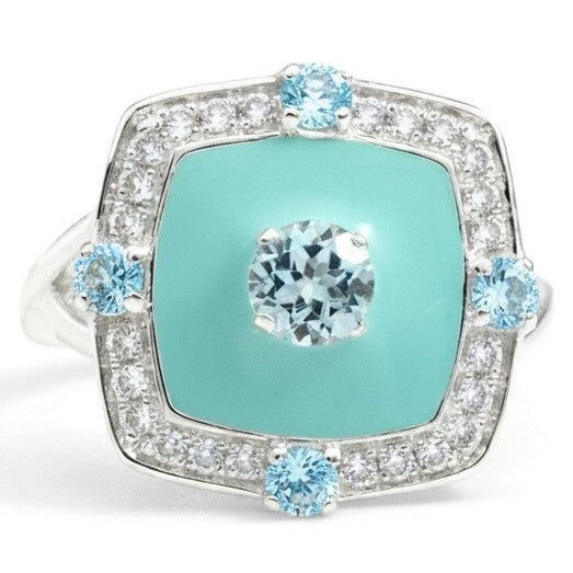 Natural Sky Blue Topaz Silver Cushion Ring by Fine Color Jewels