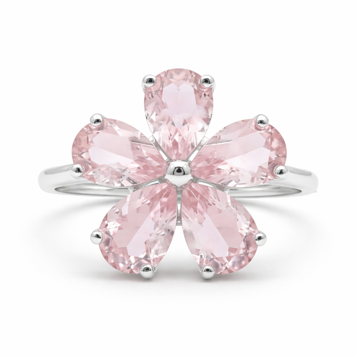 Natural Rose Quartz Sterling Silver Flower Ring by Fine Color Jewels