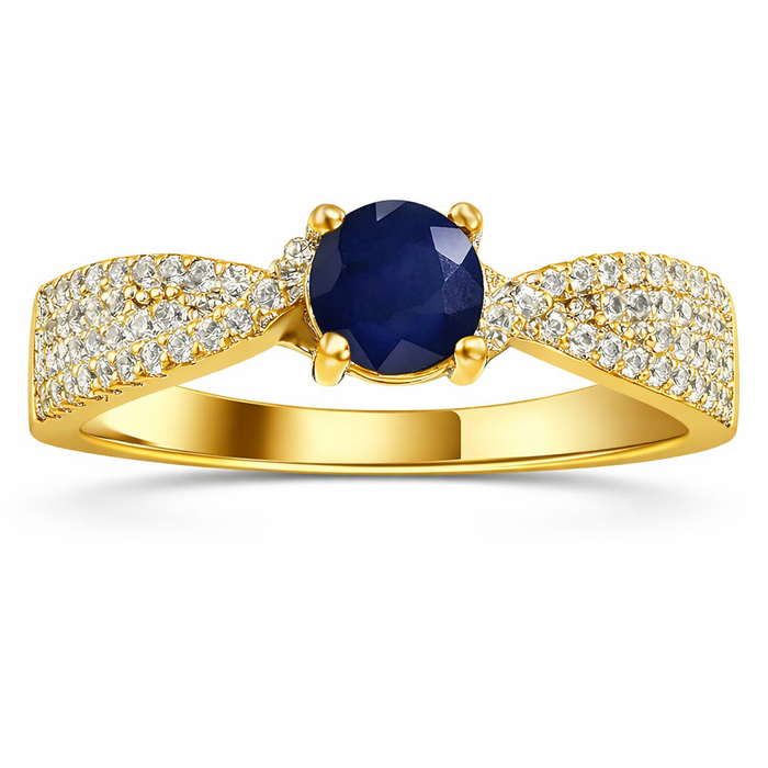 1.39 Ct Round Blue Sapphire and White Sapphire Prong 22K Gold Vermeil Engagement Ring by Fine Color Jewels