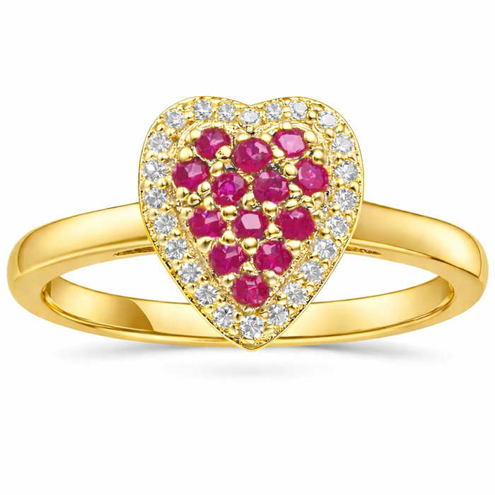0.70 Ct Round Red Ruby 22k Gold Vermeil Fashion Cluster Halo Heart Pave Ring by Fine Color Jewels