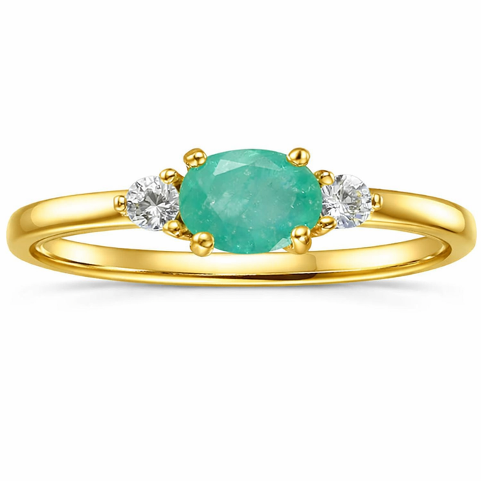 0.43 Ct Oval Green Emerald and White Sapphire Prong 22K Gold Vermeil Three Stone Promise Ring by Fine Color Jewels