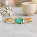 0.43 Ct Oval Green Emerald and White Sapphire Prong 22K Gold Vermeil Three Stone Promise Ring by Fine Color Jewels