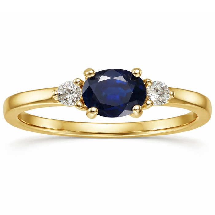 0.53 Ct Oval Blue Sapphire and White Sapphire Prong 22k Gold Vermeil Three Stone Promise Ring by Fine Color Jewels