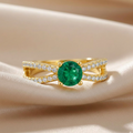 0.60 Ct Round Green Emerald and White Sapphire Prong 22K Gold Vermeil Split Band Pave Engagement Ring by Fine Color Jewels