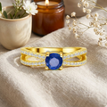 0.60 Ct Oval Blue Sapphire and White Sapphire Prong 22k Gold Vermeil Split Band Pave Wedding Ring by Fine Color Jewels