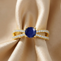 0.60 Ct Oval Blue Sapphire and White Sapphire Prong 22k Gold Vermeil Split Band Pave Wedding Ring by Fine Color Jewels
