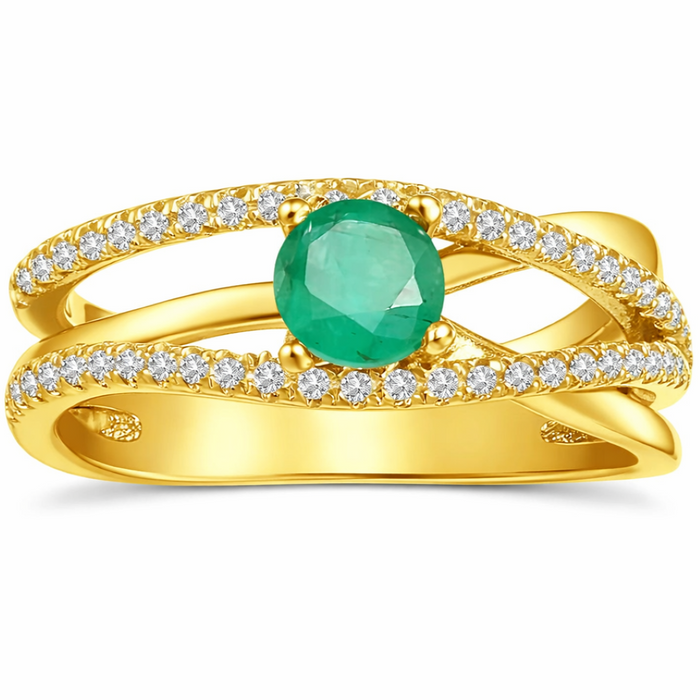 0.65 Ct Round Green Emerald and White Sapphire Prong 22K Gold Vermeil Pave Split Band Ring by Fine Color Jewels