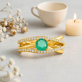 0.65 Ct Round Green Emerald and White Sapphire Prong 22K Gold Vermeil Pave Split Band Ring by Fine Color Jewels
