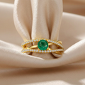 0.65 Ct Round Green Emerald and White Sapphire Prong 22K Gold Vermeil Pave Split Band Ring by Fine Color Jewels